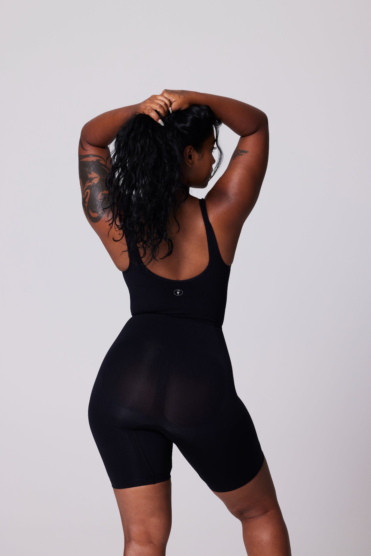 Round Neck Strap Mid-Thigh Bodysuit | Black Beauty